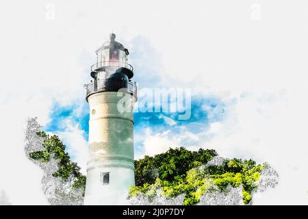 Aquarell Malerei Illustration des Leuchtturms isoliert auf weißem Hintergrund Stockfoto