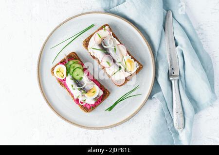 Herzhaftes Smorrebrod, zwei traditionelle dänische Sandwiches. Schwarzbrot mit Sardellen Stockfoto