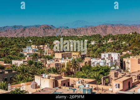 Panoramablick auf Nizwa, die Oasenstadt Oman. Stockfoto