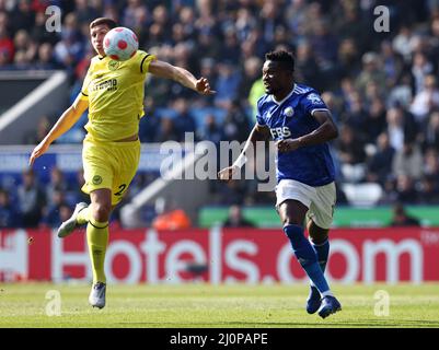 Leicester, Großbritannien. 20. März 2022. Vitaly Janelt von Brentford und Daniel Amartey von Leicester City während des Premier League-Spiels im King Power Stadium, Leicester. Bildnachweis sollte lauten: Darren Staples/Sportimage Credit: Sportimage/Alamy Live News Stockfoto