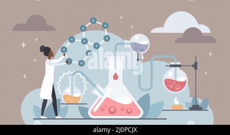 Vektorgrafik für die Forschung im Chemielabor. Karikaturist oder Student, der mit Testglasflaschen, Laborgeräten arbeitet. Bildung, Pharmazie, Wissenschaftsexperiment und Analysekonzept Stock Vektor