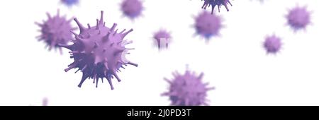 Coronavirus-Ausbruch, mikroskopische Ansicht von Grippevirus-Zellen. 3D-Illustration Stockfoto