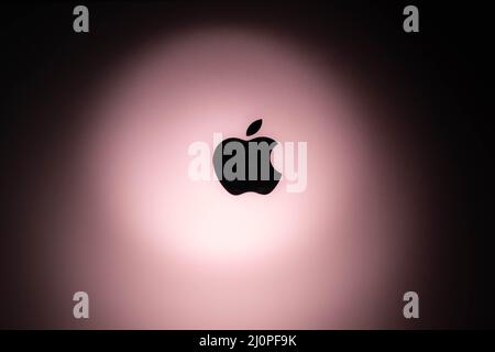 Spanien, 03, 20, 2022. MacBook-Logo auf pinkfarbener Aluminiumoberfläche. Modernes Technologiekonzept. Kommunikationskonzept. Geschäftskonzept. Stockfoto