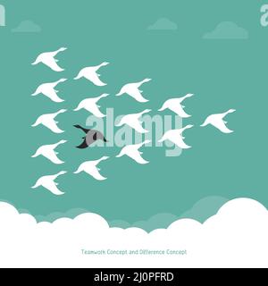 Schwarm einer Ente, die am Himmel fliegt., Teamwork-Konzept und Difference-Konzept.., Wild Duck. Leicht editierbare Vektorgrafik mit Ebenen. Stock Vektor