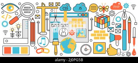 Website Building Technology. Technischer Prozess zur Erstellung von ui-Elementen, Erstellung und Entwicklung von Inhalten, Benutzerfreundlichkeit der freundlichen Benutzeroberfläche und Menü in Infografik Konzept Banner, Thin Line Art Design Stock Vektor