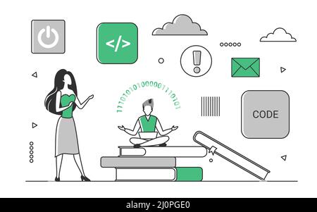 Software-Entwicklungsteam arbeitet an digitalen Projekten. Codierungswissen und Darstellung von Vektorgrafiken für Computersysteme Stock Vektor