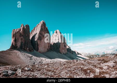 Panoramablick auf die Tre Cime di Lavaredo Stockfoto