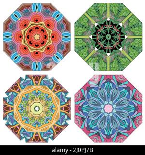 Handgemaltes Kunstdesign. Farbe handgezeichnete Illustration Set von 4 Mandalas für die Dekoration Stock Vektor