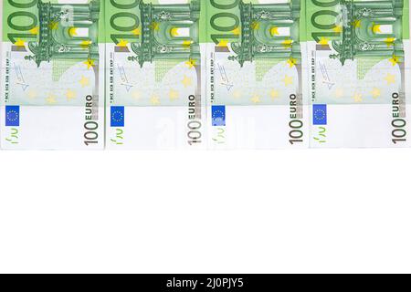 Hundert Euro-Banknoten auf weißem Hintergrund Stockfoto