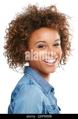 Ihr Lächeln kann eines Tages aufhellen. Studioaufnahme einer attraktiven jungen Frau, isoliert auf Weiß. Stockfoto