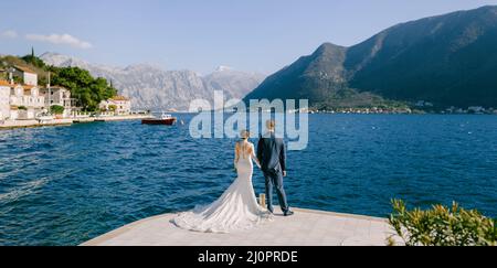 Braut und Bräutigam stehen auf dem Pier und halten sich die Hände fest und blicken auf das Meer. Rückansicht Stockfoto