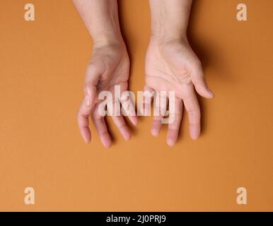 Zwei weibliche Hände auf braunem Hintergrund. Leere Palmen offen, Draufsicht Stockfoto