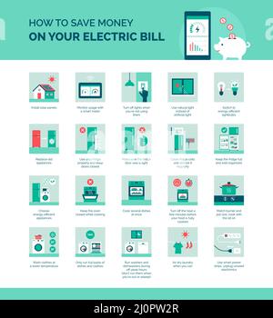 So sparen Sie Geld auf Ihrer Stromrechnung, sparen Energie und senken die Stromkosten Stock Vektor