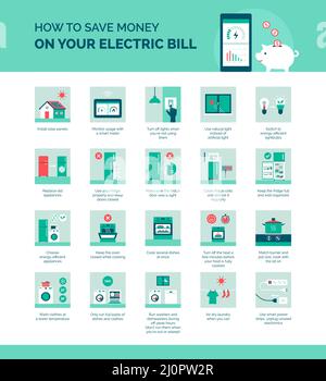 So sparen Sie Geld auf Ihrer Stromrechnung, sparen Energie und senken die Stromkosten Stock Vektor