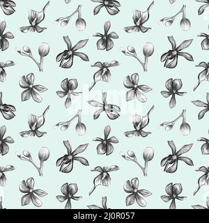 Nahtloses botanisches Muster einer Orchidee auf blauem Hintergrund. Stockfoto