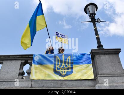 Trafalgar Square, London, Großbritannien. 20. März 2022. Stellen Sie sich mit dem Protest der Ukraine auf dem Trafalgar Square auf. Kredit: Matthew Chattle/Alamy Live Nachrichten Stockfoto