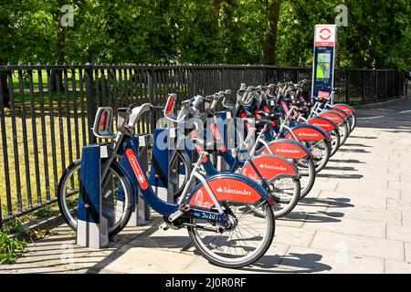 London, England - August 2021: Reihe von Fahrrädern in einer Parkstation als Teil eines Mietteilprogramms. Die Fahrräder werden von der Santander Bank gesponsert Stockfoto