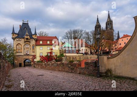 Meissen Altstadt mit der nahen Burg Tor Stockfoto