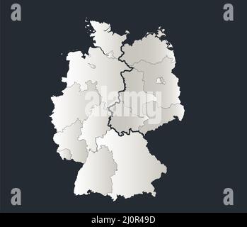 Deutschland Karte aufgeteilt auf West- und Ostdeutschland, Infografiken flache Designfarben schneeweiß, einzelne Regionen, leer Stockfoto