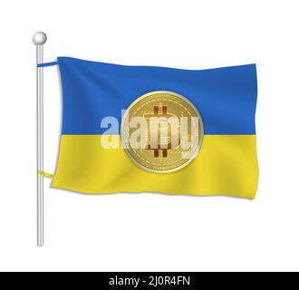 Ukraine Flagge mit Bitcoin Goldmünze, weißer Hintergrund Raster Stockfoto