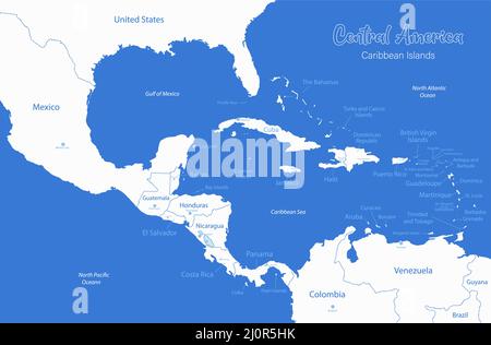 Karibische Inseln und Zentralamerika Karte, einzelne Staaten und Inseln und Stadt mit Namen, blauer Hintergrund Vektor Stock Vektor