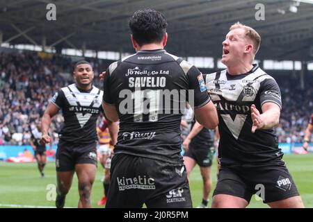 Andre Savelio (11) vom Hull FC feiert seinen Versuch in , am 3/20/2022. (Foto von David Greaves/News Images/Sipa USA) Stockfoto