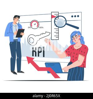 Geschäftskonzept für KPI- oder Business-Metriken-Kennzahlen. Leistungsanalyse und Personalmanagement, flache Vektordarstellung isola Stock Vektor