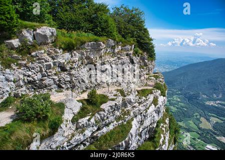 Wanderweg auf dem Monte Cengio auf dem Hochplateau von Asiago in Italien. Tragisches Szenario des Ersten Weltkriegs Stockfoto