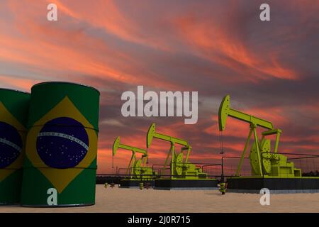 Schöne Kürbisölförderung und wolkigen Himmel im Sonnenuntergang mit der BRASILIEN-Flagge auf Ölfässern 3D Rendering Stockfoto