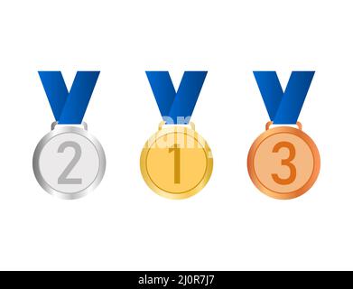 Satz von Gold-, Silber- und Bronzemedaillen auf Weiß. Stock Vektor