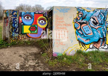 Überreste schwerer Gebäude mit Flak-HAA-Batterien von Purdown, die jetzt als inoffizielle Graffiti- und Street-Art-Galerie im Freien in Bristol verwendet werden Stockfoto
