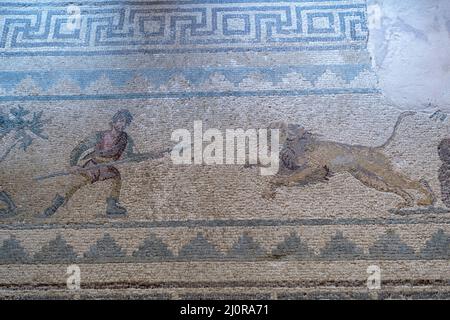 Haus von Dionysos, Paphos, Zypern: Jagdszene das römische Bodenmosaik zeigt einen Mann mit einem Speer, der einen auflagenden Löwen jagt Stockfoto