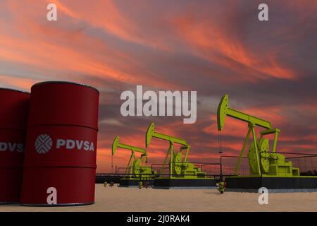 Schöne Kürbisölförderung und wolkigen Himmel im Sonnenuntergang mit der PDVSA VENEZUELA OPEC Flagge Organisation der Erdöl exportierenden Länder Ölfässer Stockfoto