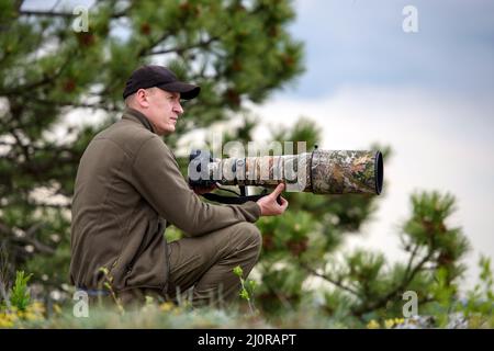 Naturfotograf im Sommer bei der Arbeit in freier Wildbahn Stockfoto