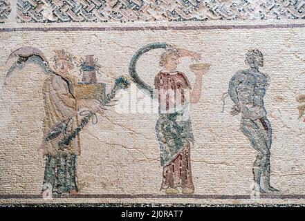 Das Haus der Dionysos Mosaiken, Paphos Archaelogical Park, Zypern: Der Triumph des Dionysos, "Vintage Scenes" Mosaiken. Stockfoto