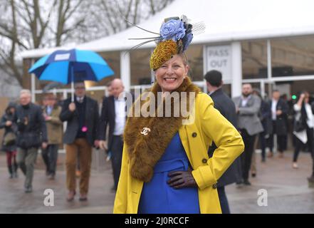 Debbie Grogan in den ukrainischen Farben. Tag 2, Rennen beim Cheltenham Gold Cup Festival auf der Cheltenham Racecourse. Bilder von Mikal Ludlow Foto Stockfoto