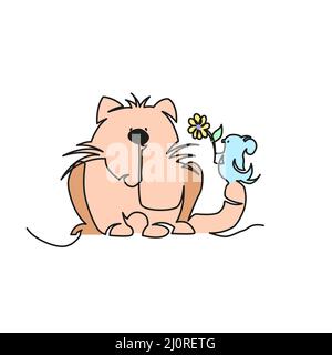 Kleine Maus gibt einer Katze eine Blume. Kleine Maus und Katze Illustration kontinuierliche Linienzeichnung. Stock Vektor