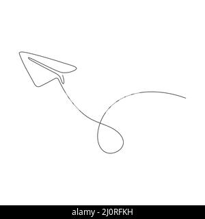 Papier Flugzeug kontinuierliche eine Linie Zeichnung. Nachricht wird gesendet: Lineare Falzebene. Stock Vektor