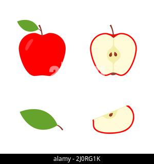 Set aus einem halben, einem ganzen roten Apfel in Scheiben schneiden. Süße frisch geschnittene Apfelgruppe. Stock Vektor