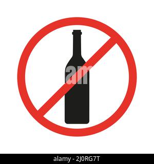 Kein Alkoholzeichen. Symbol für „Getränk stoppen“. Flasche Wein Silhouette im roten Kreis. Stock Vektor