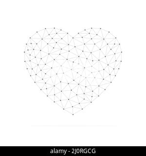 Herzform mit niedrigen poly-schwarzen verbundenen Punkten. Herzsymbol mit grauen dreieckigen linearen Formen. Stock Vektor