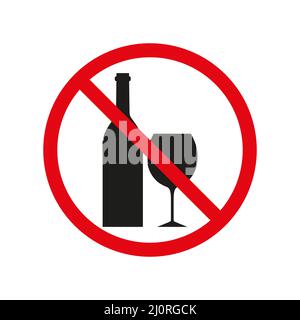 Kein Alkoholzeichen. Symbol für „Getränk stoppen“. Flasche Wein Silhouette im roten Kreis. Stock Vektor