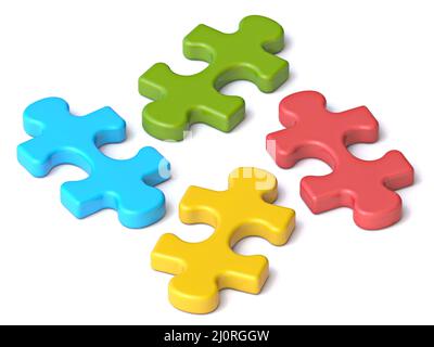 Vier Puzzleteile getrennt 3D Rendering Illustration isoliert auf weißem Hintergrund Stockfoto