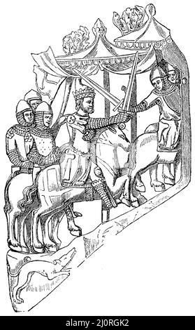 Adolf von Nassau (vor 1250-1298, römisch-deutscher König, König Adolf in der Melee. Elfenbeinschnitzerei vom Ende des 13.. Jahrhunderts, jetzt im Germanischen Museum in Nürnberg., (Geschichtsbuch, 1902), Adolf von Nassau (vor 1250-1298, römisch-deutscher König, König Adolf im Handgemenge. Elfenbeinschnitzerei vom Ende des 13. Jahrhundert, jetzt im deutschen Museum zu Nürnberg, Adolf de Nassau (avant 1250-1298, roi romain-Allemand, roi Adolf dans la mêlée. Sculpture en ivoire de la fin du 13e siècle, actuellement au musée germanique de Nürnberg. Stockfoto