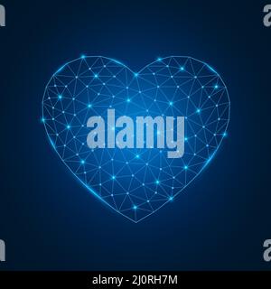Herzform mit niedrig poly leuchtenden verbundenen Punkten. Futuristisches Herz-Symbol mit dreieckigen blauen Formen. Stock Vektor