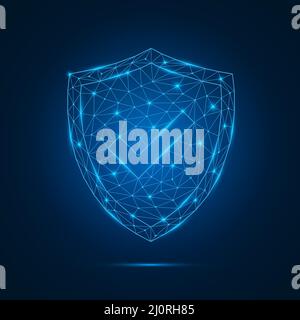 Futuristisch leuchtendes, niedrig polygonales Schutzschild mit Häkchen-Symbol. Stock Vektor