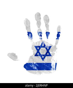 Handprint mit den Farben der israelischen Flagge isoliert auf weißem Hintergrund Stockfoto