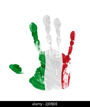 Handprint mit den Farben der italienischen Flagge isoliert auf weißem Hintergrund Stockfoto