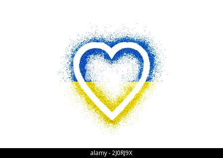 Herz auf Glitzer mit den Farben der ukrainischen Flagge isoliert auf weißem Hintergrund Stockfoto