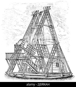 Das große Spiegelteleskop von Wilhelm Herschel (1789), , (Evolutionsgeschichte, 1894), das große Spiegelteleskop des Wilhelm Herschel (1789), Le Grand télescope à miroir de Wilhelm Herschel (1789) Stockfoto